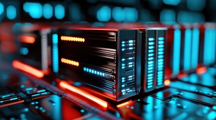 Holographic document archives in a digital office, cybernetic database with glowing file management