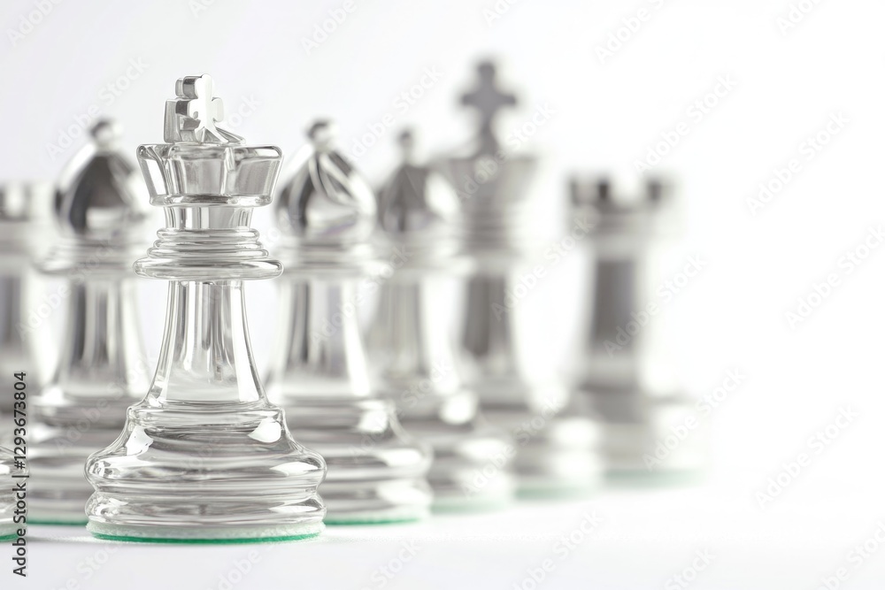 Poster group of glass chess pieces arranged on a white surface for display or play