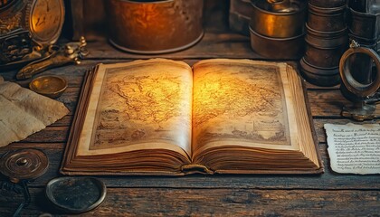Obraz premium Vintage book with a radiant, glowing map on its pages, surrounded by artifacts and parchment, sitting on a rustic wooden table, representing ancient adventures and epic discoveries