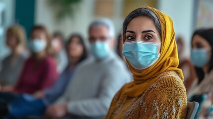 A woman wearing a yellow scarf and a face mask sits in a group of masked individuals, showcasing safety during a meeting or gathering.