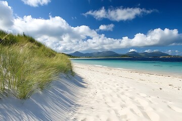 A scenic path lined with tall grass, leading directly to a beautiful beach.
