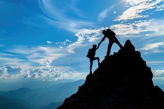 Two hikers helping each other climb a mountain peak under a vibrant blue sky