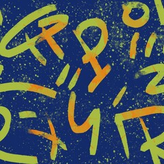 Naklejka premium Graffiti in green on a blue background with splashes, seamless pattern