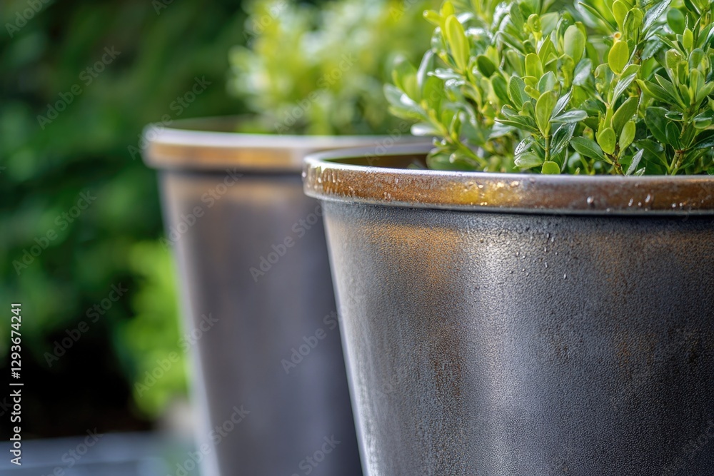 Poster a pair of potted plants sit atop a table, surrounded by empty space