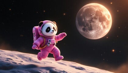 Naklejka premium Adorable Panda Astronaut on Lunar Surface