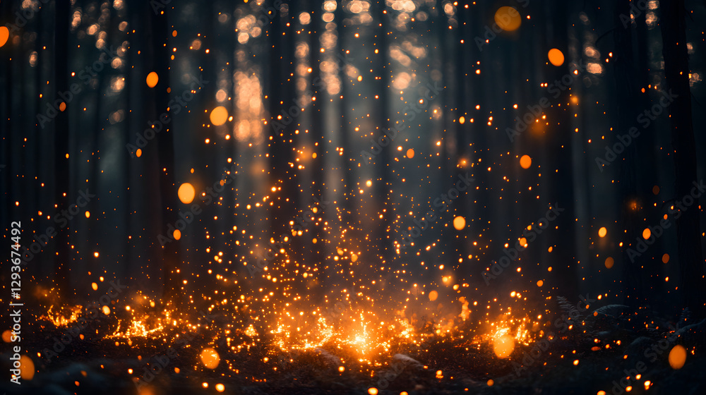 Poster enchanted forest with fireflies: a mesmerizing scene of a dark forest floor speckled with countless 