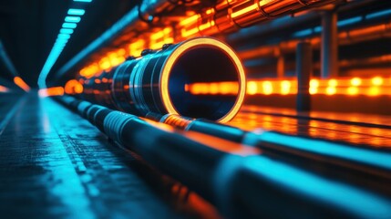 Naklejka premium Hydrogen fuel powering a high-tech city, renewable energy infrastructure, glowing blue gas flowing through futuristic pipelines