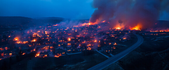 Fototapeta premium Aerial view of a wildfire burning houses and structures in a residential area, with intense flames, smoke, and devastation in the night sky.