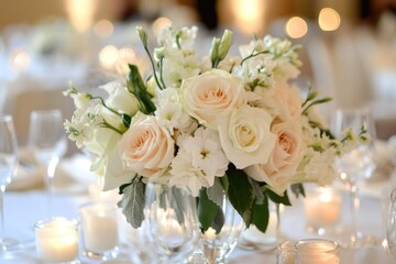 Obraz premium A vase filled with white flowers sits on a table