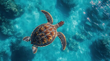 Obraz premium A sea turtle gracefully glides through ocean waves, sporting intricate brown and black patterns, its eyes fixed toward the horizon