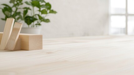 Wooden blocks on light wood table,  plants in background,  minimalistic home office,  for product display