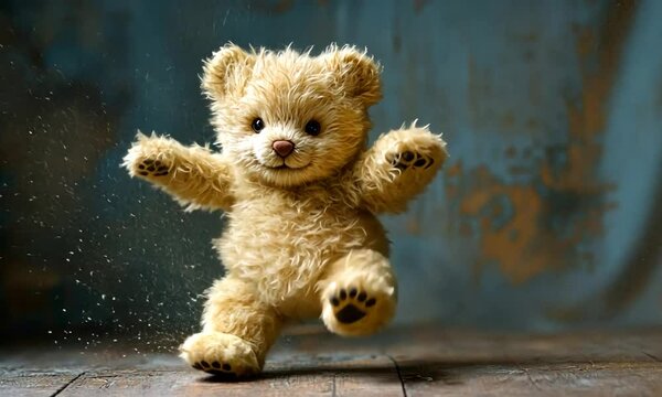 Cute fluffy teddy bear joyfully dancing against a textured blue and brown background