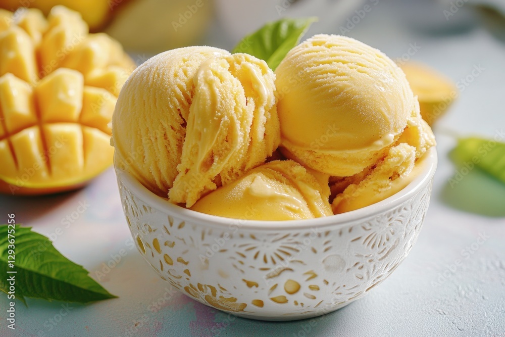 Poster a delicious serving of mango ice cream accompanied by fresh sliced mangoes, perfect for a sweet trea