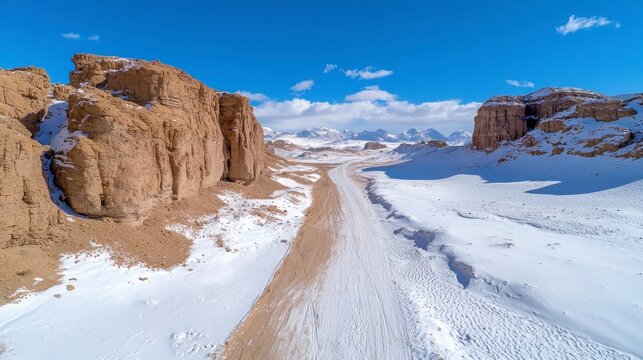 Snow covered mountain road with aerial view of valle de la luna in chiles atacama desert