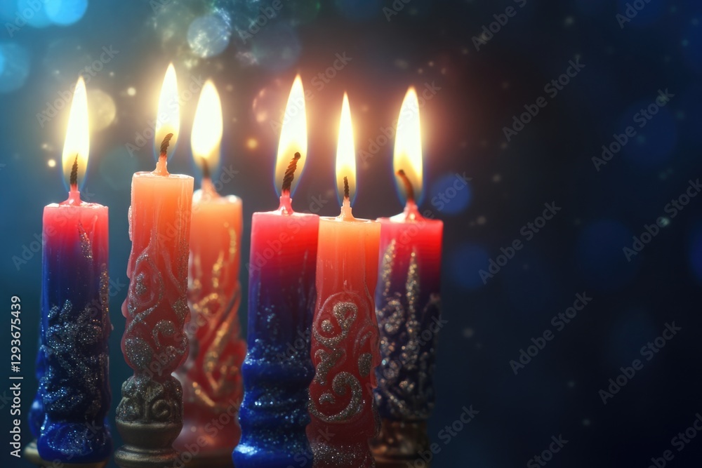 Poster a group of five lit candles placed on a table, perfect for creating a warm and cozy atmosphere