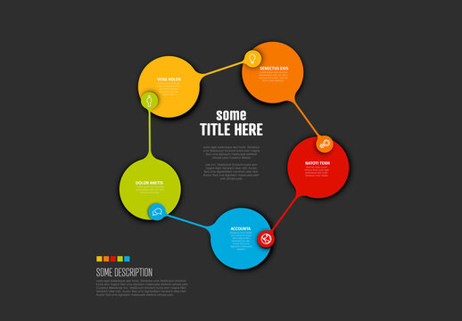 Colorful Circular Infographic Diagram Shema Template with five elements on dark gray background