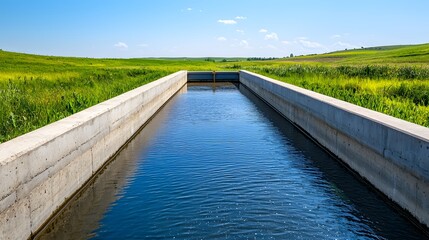 Waterway construction in lush green landscape concrete structure serene environment scenic viewpoint