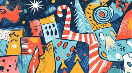 A colorful painting of a Christmas scene with a red star and a candy cane