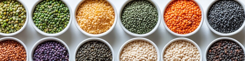 Fototapeta premium Assortment of colorful lentils and grains in bowls, protein and fiber food, healthy eating concept.