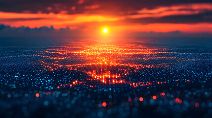 Sunset over Cyber City: Digital cityscape glows with energy under a vibrant sunset. showcasing a seamless blend of technological advancement and natural beauty. 