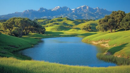 Obraz premium Mountain views over tranquil golf course lake