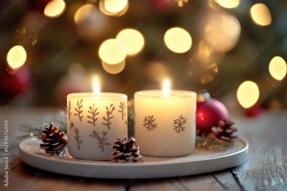 Poster a simple yet elegant setup of two lit candles on a plate, perfect for decorating any occasion