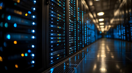 Data Fortress: Server racks illuminate a network infrastructure, illustrating the power of modern data centers