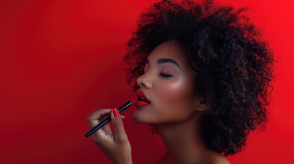 Fototapeta premium Applying bold red lipstick against a vibrant red backdrop