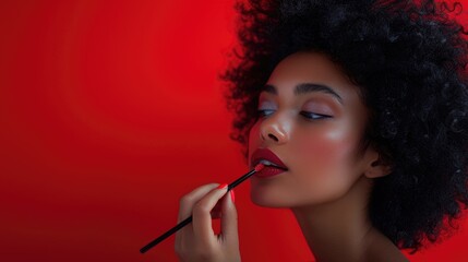 Obraz premium Woman applying bold lipstick against a vibrant red backdrop