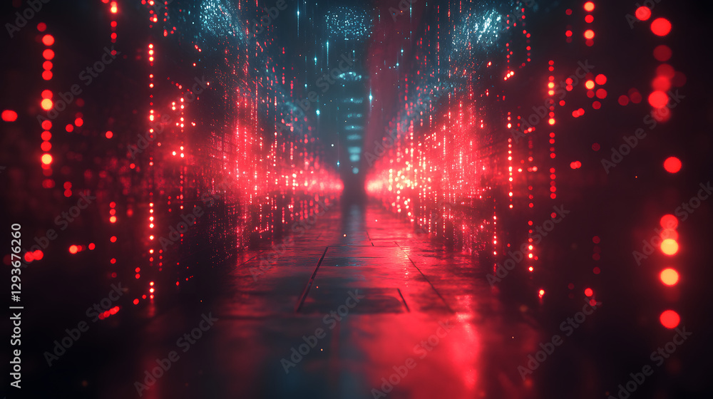 Poster cybernetic passage: captivating perspective of an illuminated tunnel, reflecting digital data stream