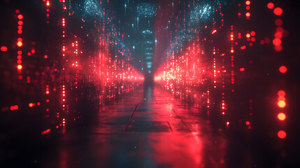 Cybernetic Passage: Captivating perspective of an illuminated tunnel, reflecting digital data streams of red and blue, hinting at technological advancement.