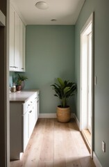 Modern pantry featuring white cabinets, light hardwood floors, and green walls
