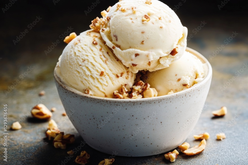 Poster a colorful and delicious serving of three scoops of ice cream in a bowl, ready to be enjoyed