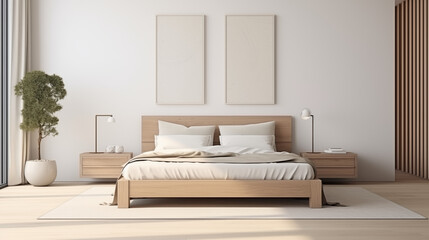 Fototapeta premium Chambre à coucher, plan sur un lit de couleurs claires et épurées, dans les tons blanc et beige. Drap, oreiller, couverture. Décorations, lumières douces. Pour conception et création graphique.