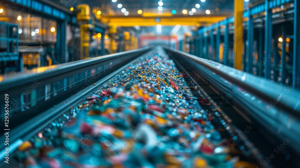 Aufkleber A conveyor belt transports a vibrant array of collected materials in a recycling facility, illuminated by overhead industrial lights at dusk.