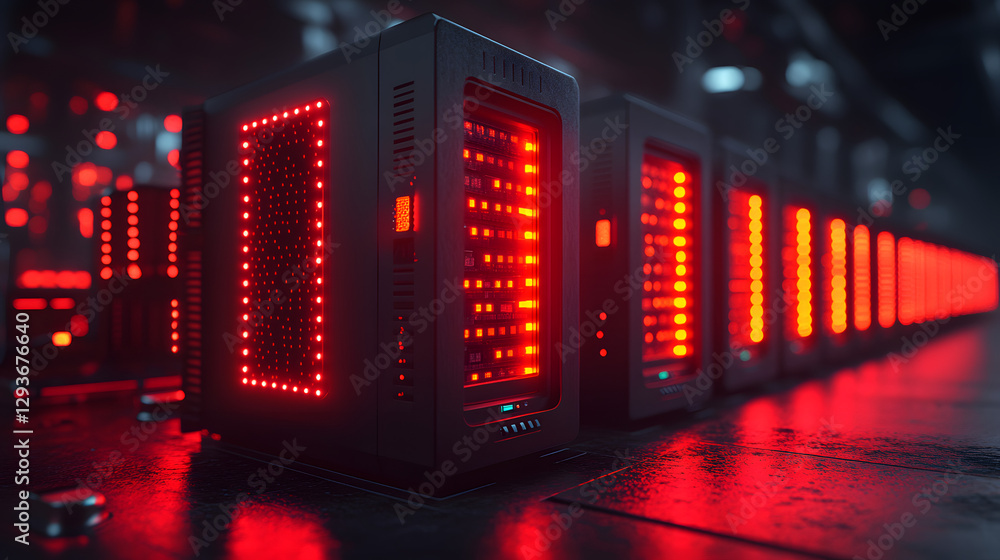 Poster red data center: a row of powerful server units bathed in crimson light, embodying the core of moder