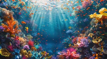 Vibrant Coral Reef with Colorful Fish and Sunlight Rays