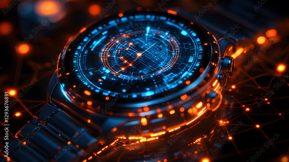 Aufkleber digital time: a futuristic watch showcasing an intricate network of digital data and glowing circuit