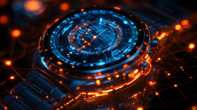 Digital Time: A futuristic watch showcasing an intricate network of digital data and glowing circuitry, set against a dark background - Powered by Adobe