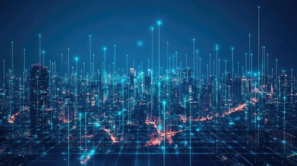 Fototapeta premium Futuristic Cityscape, Digital Network and Urban Lights