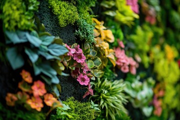 Close-up shot of various plants growing on a wall, ideal for use in interior design or gardening articles