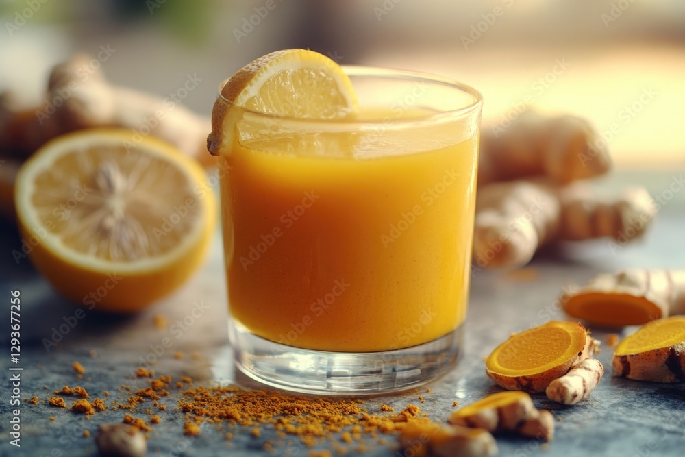 Poster freshly squeezed orange juice with a slice of lemon for added flavor and aroma