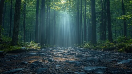 Obraz premium Sunbeams in a Misty Forest Path