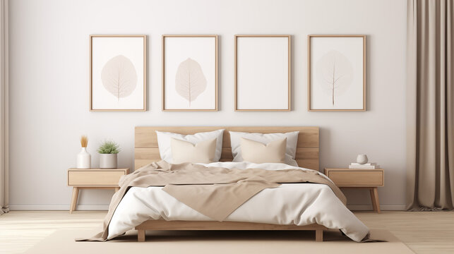 Chambre &agrave; coucher, plan sur un lit de couleurs claires et &eacute;pur&eacute;es, dans les tons blanc et beige. Drap, oreiller, couverture. D&eacute;corations, lumi&egrave;res douces. Pour conception et cr&eacute;ation graphique.