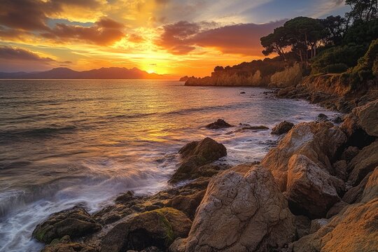 A serene landscape of sunset over calm water and rocky shores