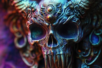 Fototapeta premium A close-up view of a statue featuring a skull with horns, suitable for use in dark or spooky-themed designs