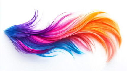 Fototapeta premium Vibrant strands of hair flowing in rich colors of purple, pink, blue, and orange against a white background. Generative AI
