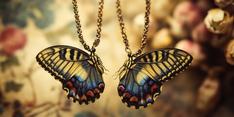 A pair of colorful butterfly pendants hanging from a chain, ready to be worn or used as a decorative accessory