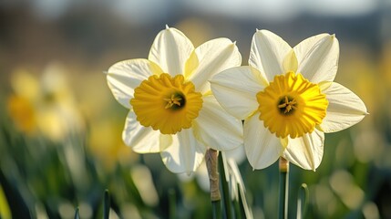 Two white and yellow flowers growing together in a natural environment, suitable for use in illustrations of nature, seasons, or everyday life