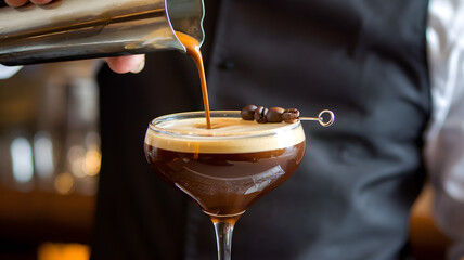 Pouring a Rich Espresso Martini. A close-up of a bartender in a sleek black uniform, pouring a velvety espresso martini into a chilled coupe glass. 